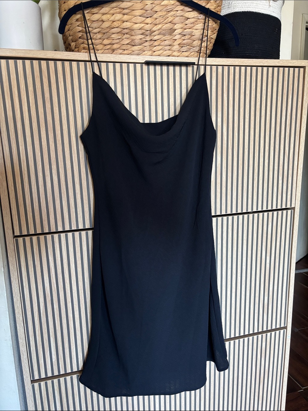 Timing Black Cowl Neck Slip Dress with Spaghetti Straps